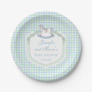 Assiettes En Carton Bain de bébé garçon à cheval à bascule en vichy bl