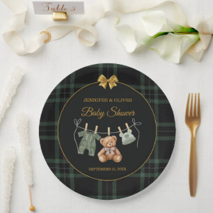 Assiettes En Carton Bain de bébé Teddy Bear Green à carreaux