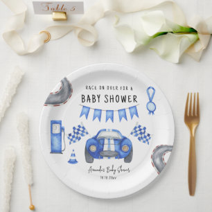 Assiettes En Carton Bain de bébé voiture de course bleu aquarelle