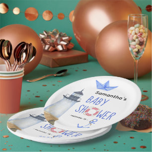 Assiettes En Carton Bain de couleur nautique - Baby Shower