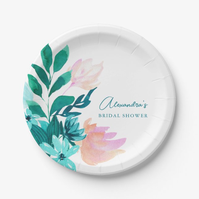 Assiettes En Carton Bain de mariage floral aquarelle bleu-vert (Devant)