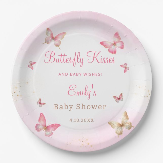 Assiettes En Carton Baisers à papillon et voeux de bébé Baby shower ro (Devant)