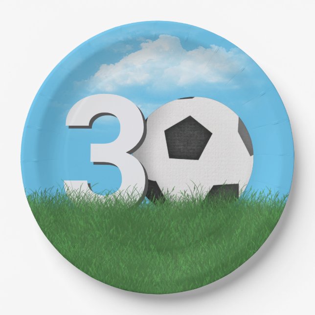 Assiettes En Carton Bal De Football 30e Anniversaire En Herbe Verte (Devant)
