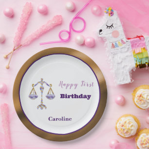 Assiettes En Carton Balance 1er Anniversaire Or & Violet Artistique
