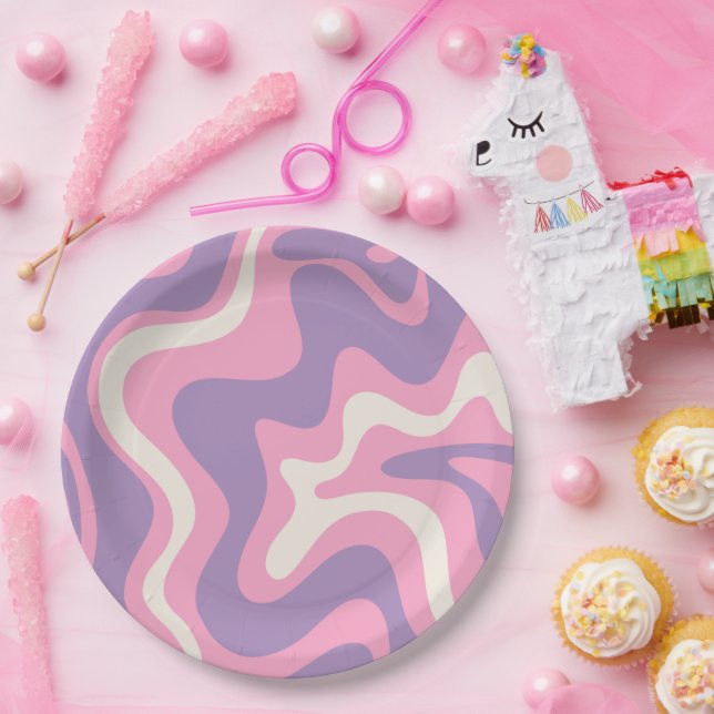Assiettes En Carton Balayage liquide rétro Super rose violet Abstrait (Fête)