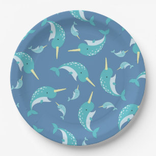 Assiettes En Carton Baleine à Baby shower bleu de Narwhal