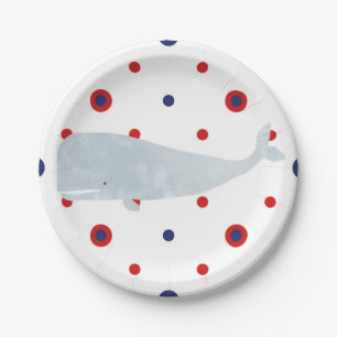 Assiettes En Carton Baleine Aquarelle Gris Nautique Points Rouges Bleu