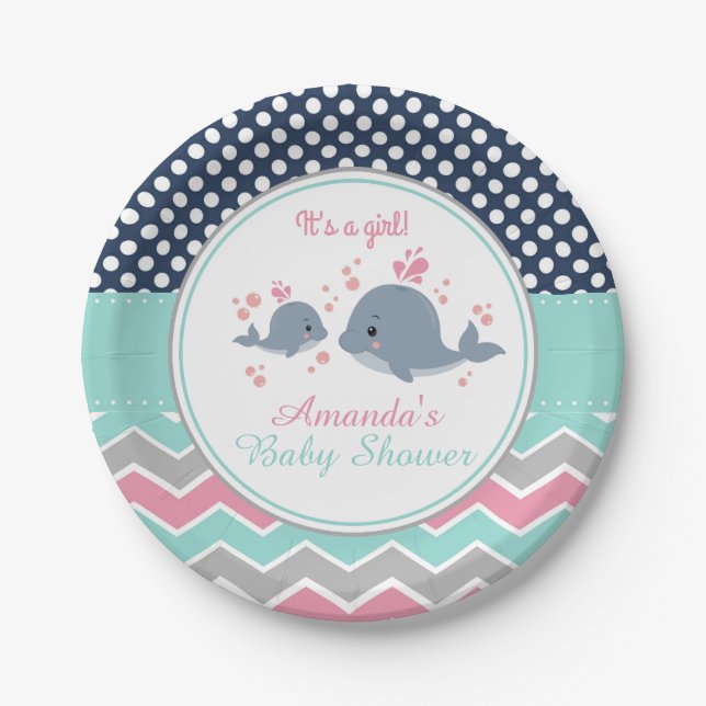 Assiettes En Carton Baleine Baby shower plaque en papier fille Chevron (Devant)