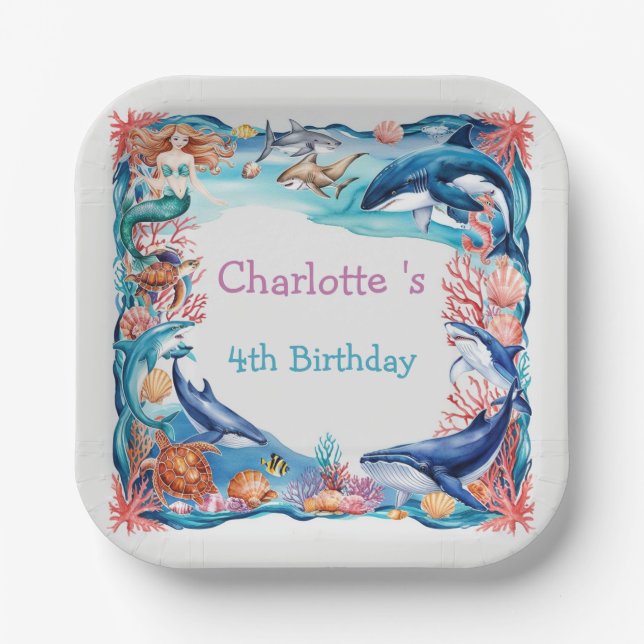 Assiettes En Carton Baleine blanche bleu mermaid baleine requin annive (Recto)