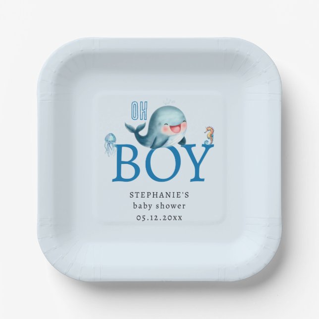 Assiettes En Carton Baleine sous la mer Aquarelle Sweet Boy Baby showe (Recto)