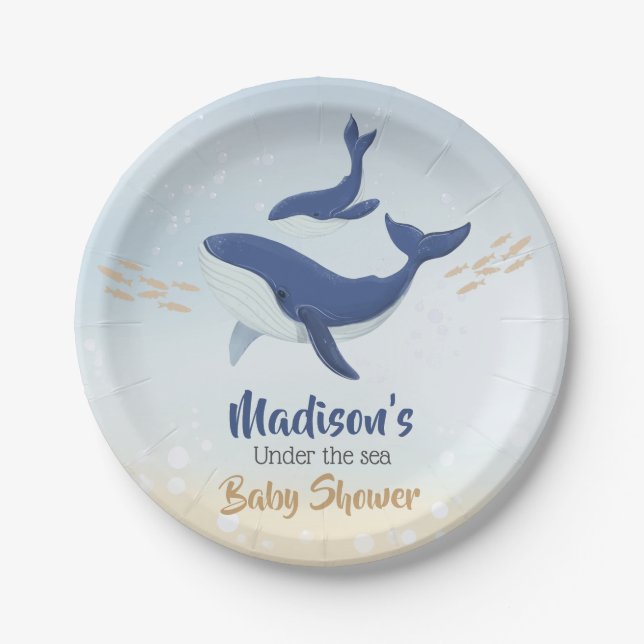 Assiettes En Carton Baleine sous le Baby shower marin (Devant)