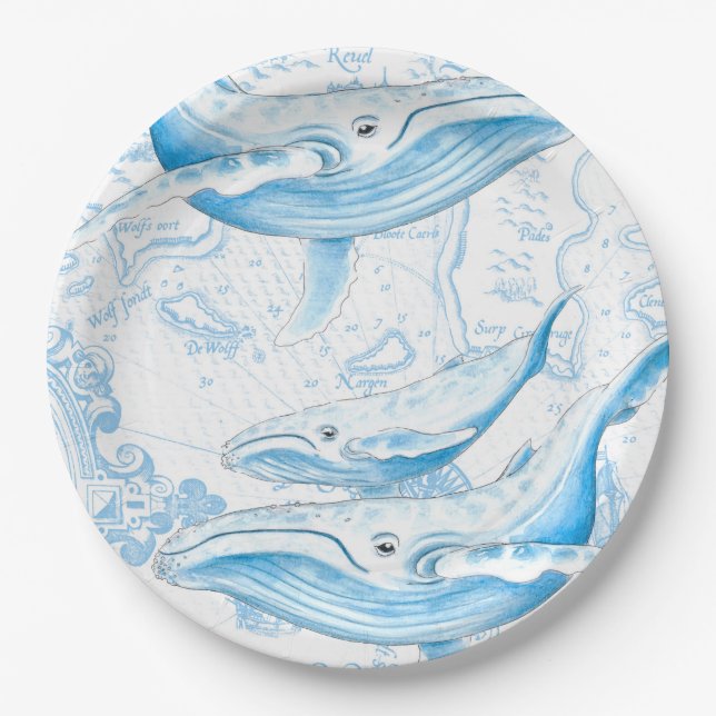 Assiettes En Carton Baleines bleues Famille Blanc (Devant)