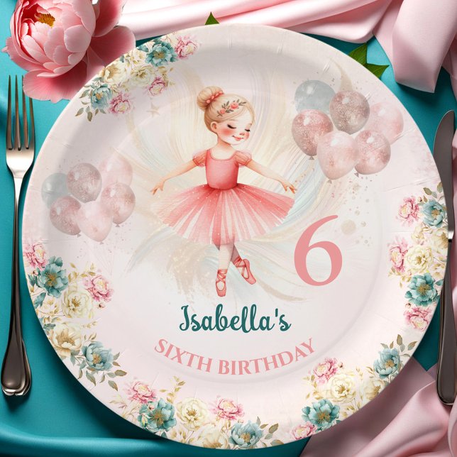 Assiettes En Carton Ballerina Blond rose Turquoise Floral Anniversaire (Ballerina Blond Pink Teal Floral Birthday Paper Plates)