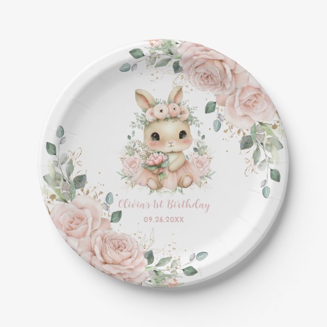 Assiettes En Carton Ballerina Bunny Rabbit Blush 1st 2nd 5th Birthday (Devant)