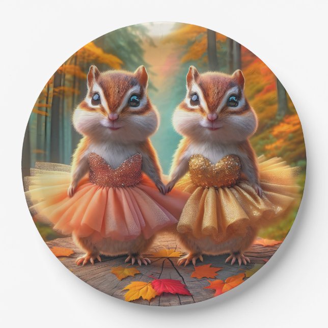 Assiettes En Carton Ballerina Chipmund sur une tige d'arbre d'automne (Devant)