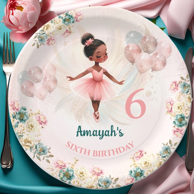 Assiettes En Carton Ballerina Peau foncée rose Turquoise Floral Annive (Ballerina Dark Skin Pink Teal Floral Birthday Paper Plates)