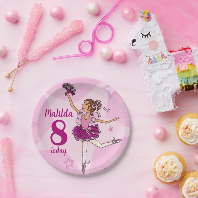 Assiettes En Carton Ballerina rose fille 8e anniversaire nom personnal (Fête)