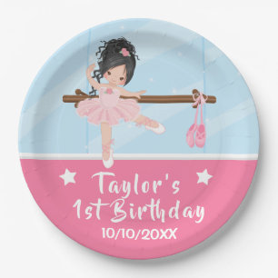 Assiettes En Carton Ballerine aux cheveux noirs Tutu rose Anniversaire