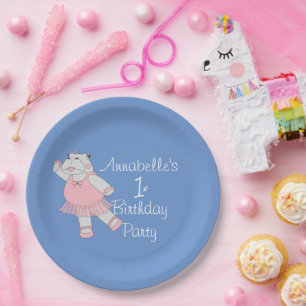 Assiettes En Carton Ballerine Hippopotame Bleu 1er Anniversaire illusi