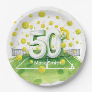 Assiettes En Carton Balles de tennis 50e anniversaire sur le court