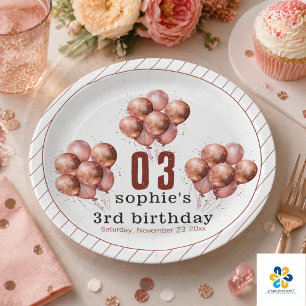 Assiettes En Carton Ballon en or rose pailleté aquarelle pour 3ème ann