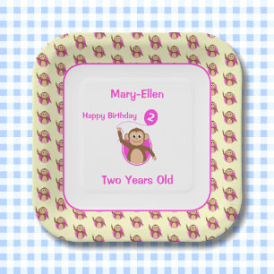 Assiettes En Carton Ballon rose singe de 2e anniversaire