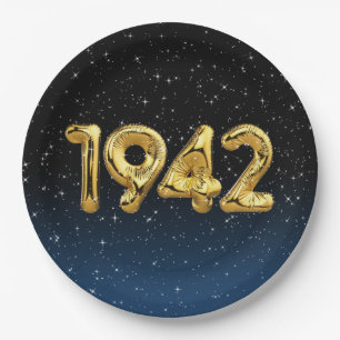 Assiettes En Carton Ballons Année de Naissance 1942 en Or avec Étoiles
