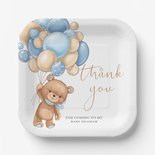 Assiettes En Carton Ballons bleu Baby shower Ours Teddy Pa (Recto)