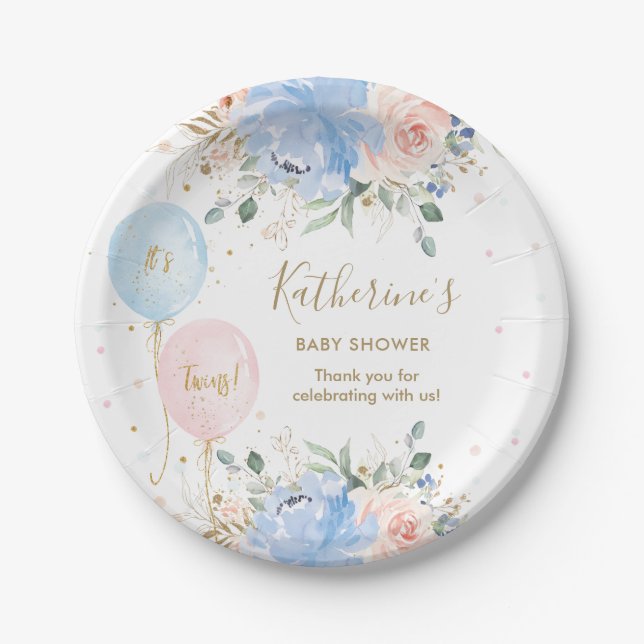 Assiettes En Carton Ballons bleu rose Floral C'est Baby shower jumeaux (Devant)