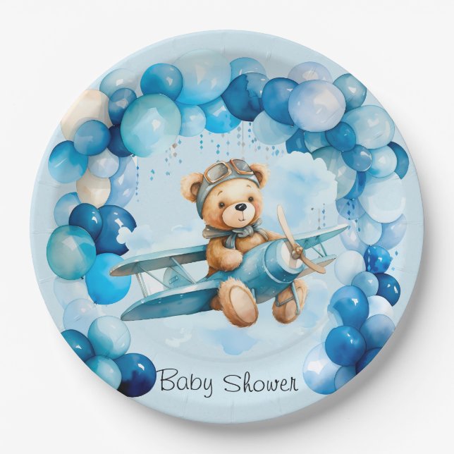 Assiettes En Carton Ballons bleu Teddy Bear Avion Baby shower de garço (Devant)