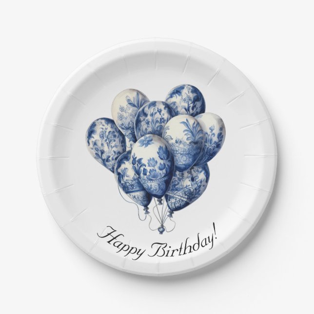 Assiettes En Carton Ballons bleus Delft, personnalisable (Devant)