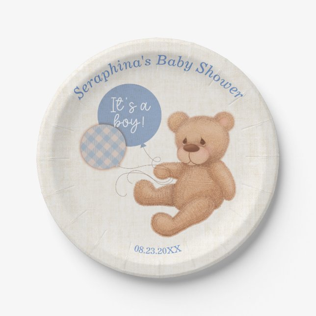 Assiettes En Carton Ballons bleus Teddy Ours Baby shower Plaques en pa (Devant)