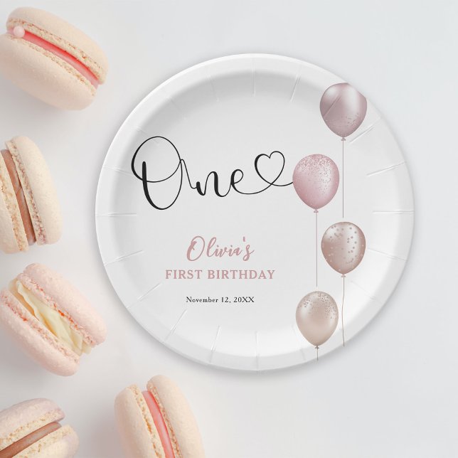 Assiettes En Carton Ballons Blush fille premier anniversaire (Créateur téléchargé)