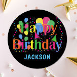 Assiettes En Carton Ballons colorés personnalisés JEUX ANNIVERSAIRE<br><div class="desc">Plaques en papier jetables colorées et joyeuses pour anniversaire. Ballons de différentes couleurs vives avec étoiles,  confettis et casquettes de fête. Arrière - plan noir. Customisez en ajoutant votre texte.</div>