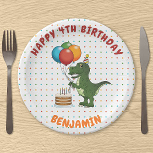 Assiettes En Carton Ballons Colorés T-rex Dinosaure Nom Enfant Personn