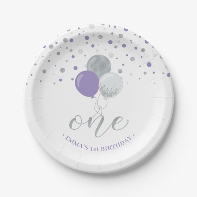 Assiettes En Carton Ballons Confetti violet d'argent 1er anniversaire (Devant)