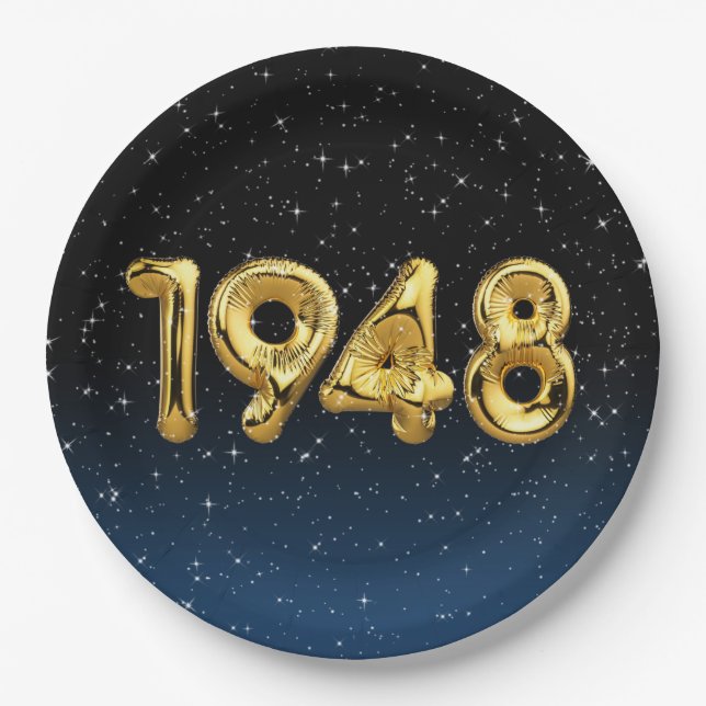 Assiettes En Carton Ballons D'Anniversaire 1948 En Étoiles (Devant)