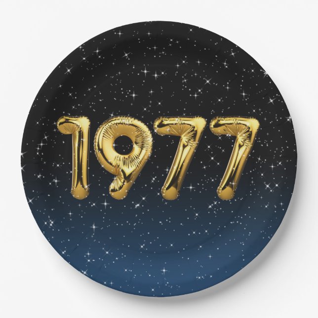 Assiettes En Carton Ballons D'Anniversaire 1977 En Étoiles (Devant)