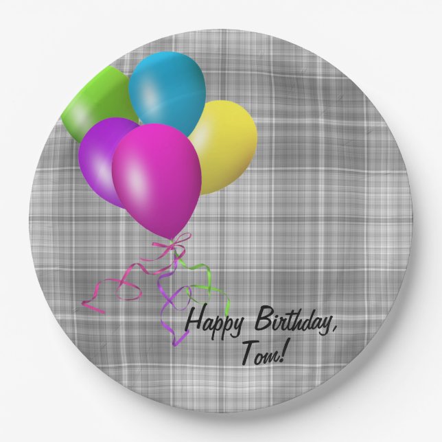 Assiettes En Carton ballons d'anniversaire sur plaid gris (Devant)