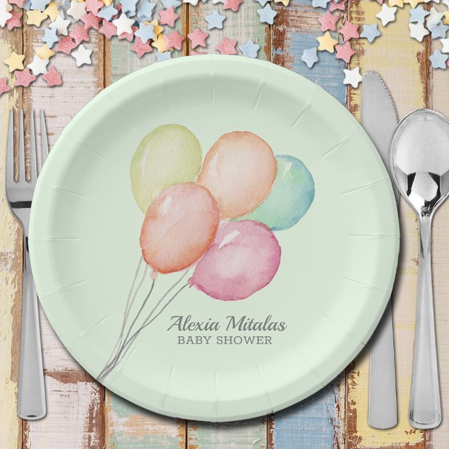 Assiettes En Carton Ballons d'aquarelle sur le Baby shower vert (Watercolor Balloons on Mint Green Unisex Baby Shower  Paper Plates)