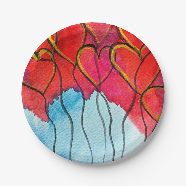 Assiettes En Carton Ballons de coeur rouge Valentine aquarelle (Devant)