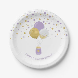 Assiettes En Carton Ballons de confettis or et violet pour le 1er anni