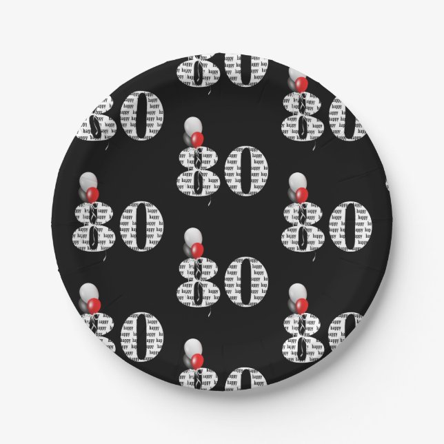 Assiettes En Carton Ballons de fête du 80e anniversaire en noir (Devant)
