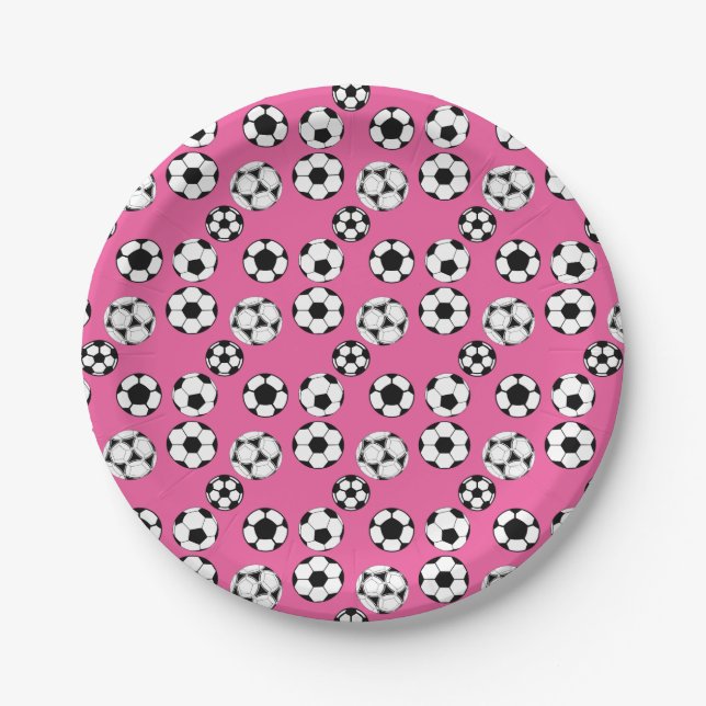 Assiettes En Carton Ballons de football pour enfants roses (Devant)
