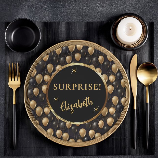 Assiettes En Carton Ballons de Parties scintillant d'or noir Anniversa (Elegant Black and Gold Faux Glitter Balloons Pattern A025 "Surprise!" [Name] Paper Plates)