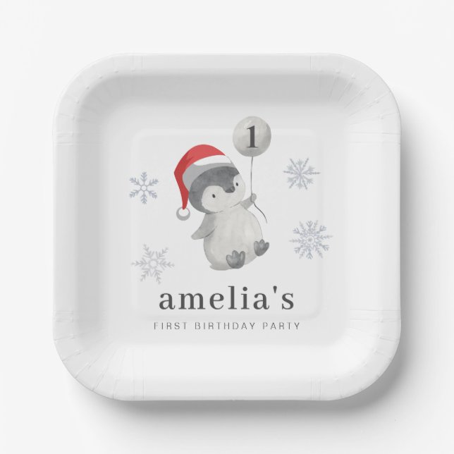 Assiettes En Carton Ballons de pingouin 1er anniversaire (Recto)