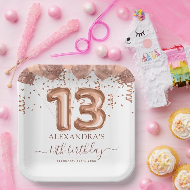 Assiettes En Carton Ballons d'or rose 13e fête d'anniversaire (Fête)