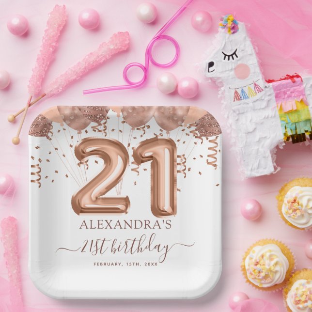Assiettes En Carton Ballons d'or rose 21e fête d'anniversaire (Fête)