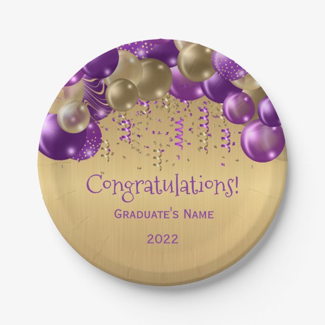 Assiettes En Carton Ballons d'or violet tendance Graduation (Devant)