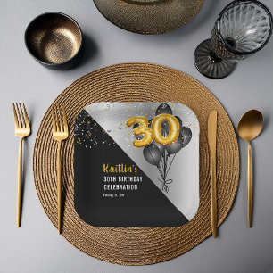 Assiettes En Carton Ballons élégants Noir Gold 30th Birthday Party
